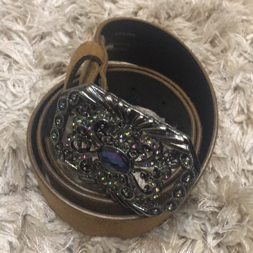 Dark Camel colored rhinestone faux suede belt